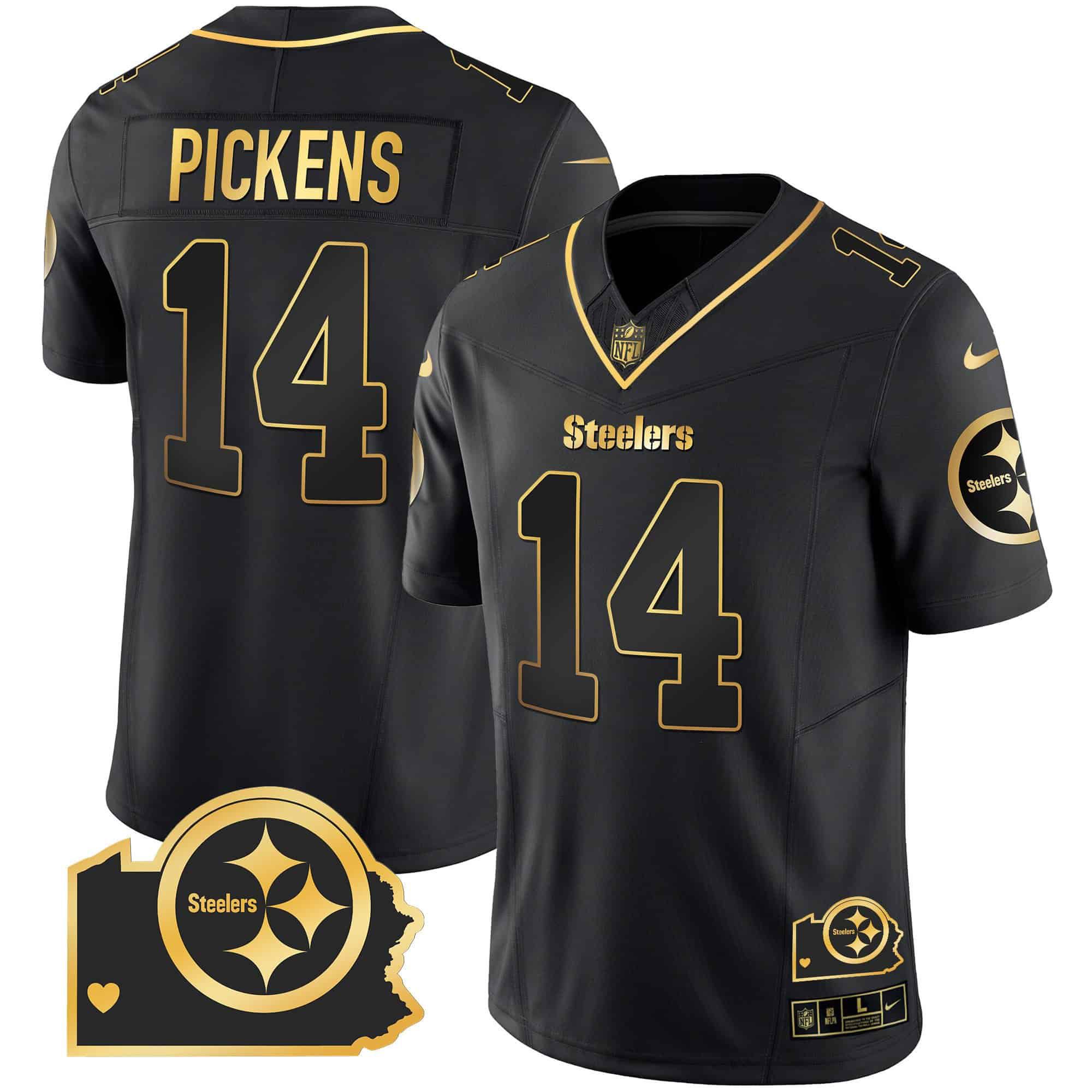 Men Pittsburgh Steelers 14 Pickens Black Gold 2024 Nike Home Patch Vapor Limited NFL Jersey style 2